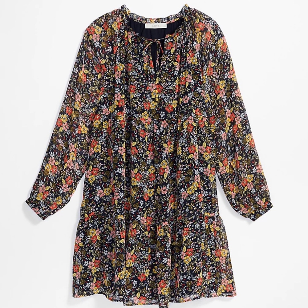 LOFT Maternity Floral Tie Neck Swing Dress Small Maternity